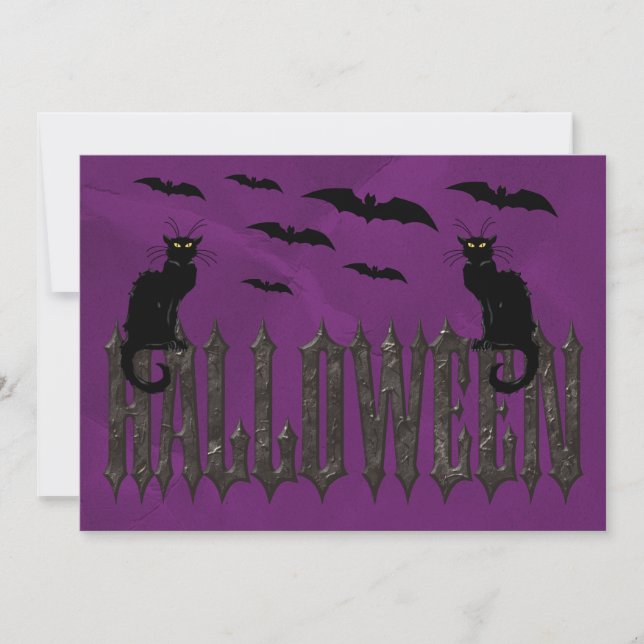 Convite Morcegos Voadores & Gatos Assustadores Halloween (Frente)