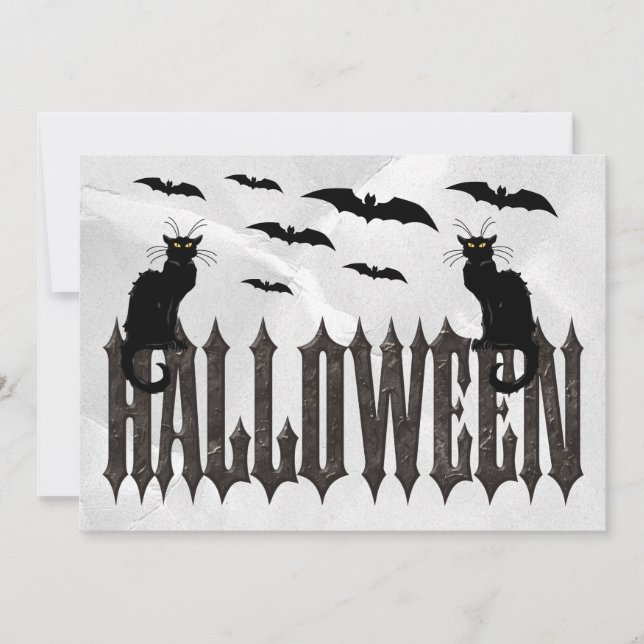 Convite Morcegos Voadores & Gatos Assustadores Halloween (Frente)