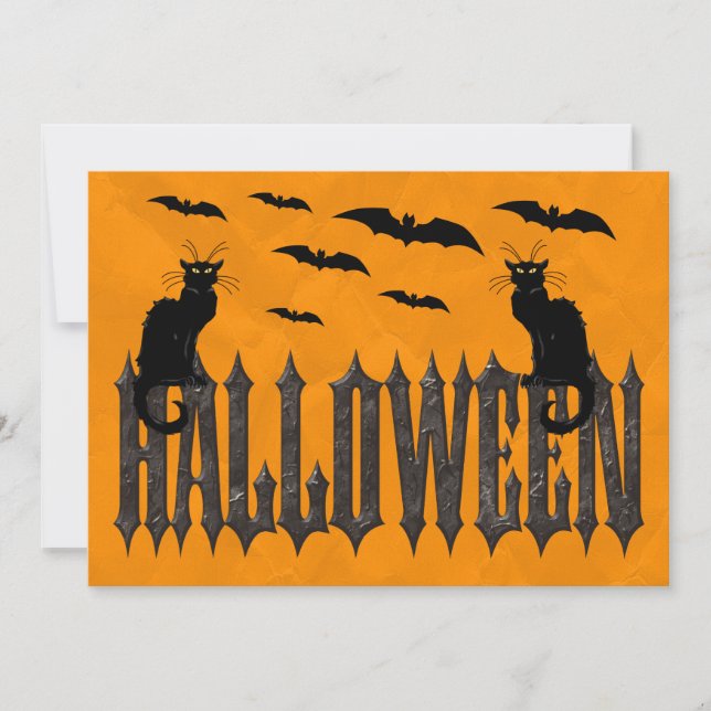 Convite Morcegos Voadores & Gatos Assustadores Halloween (Frente)