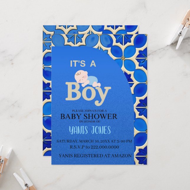 Convite Moroccan boy baby shower Invitation (Frente/Verso In Situ)