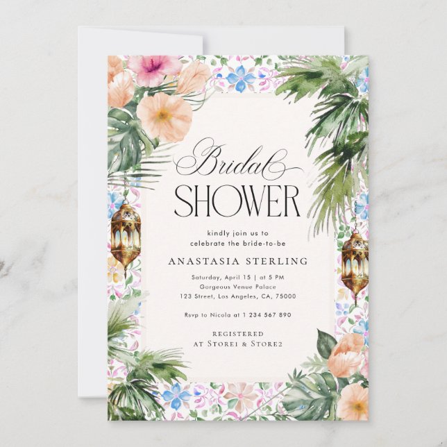 Convite Moroccan Tile Palm Tree & Hibiscus Bridal Shower  (Frente)
