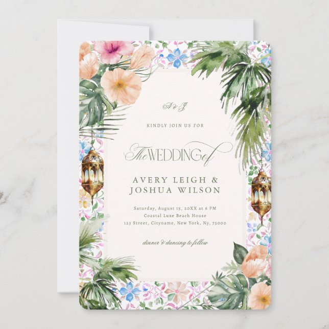 Convite Moroccan Tile Tropical Hibiscus Wedding (Frente)