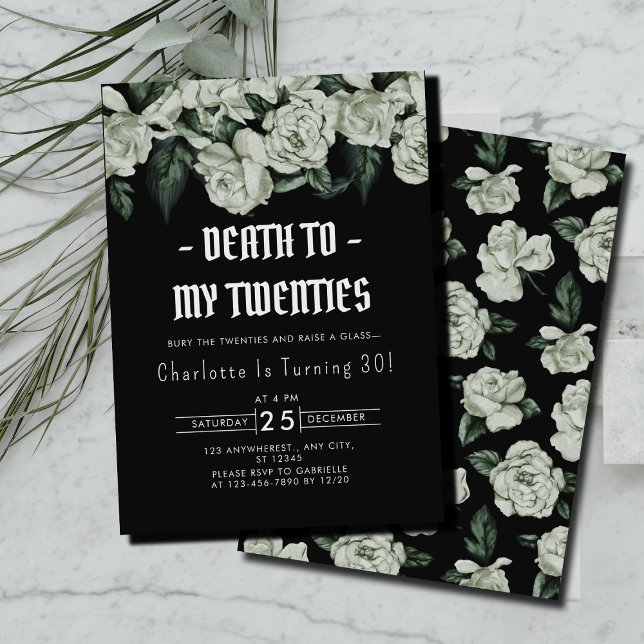 Convite Morte Floral Elegante para a aniversário de 30 ano (Elegant Floral Death to My Twenties 30th Birthday Invitation )