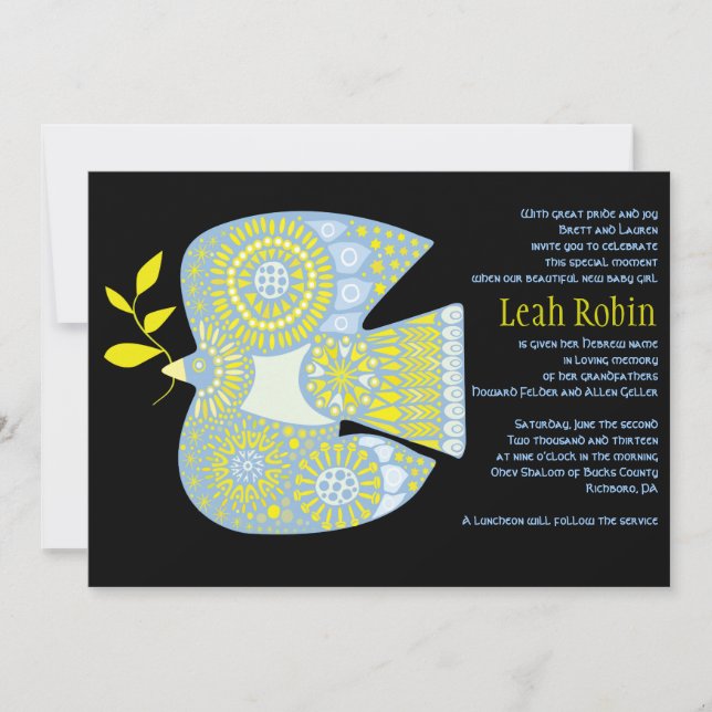 Convite MOSAIC DOVE DE PAZ Jewish Baby Naming Invitation (Frente)