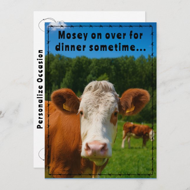 Convite Mosey On Over Dinner Country Cow Ranch Farm Style  (Frente/Verso)