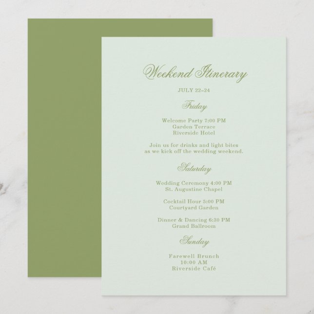 Convite Moss Green Estate Wedding Itinerary Card (Frente/Verso)