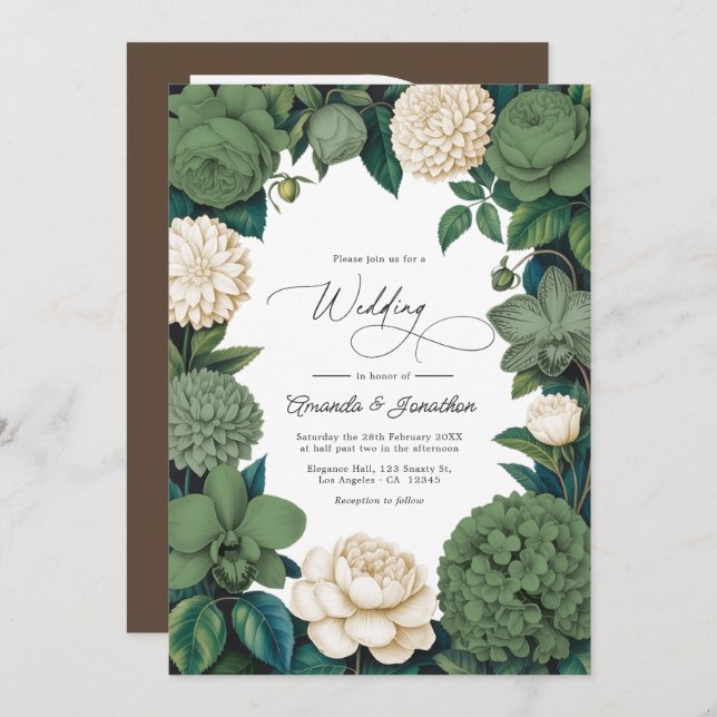 Convite Moss Green, Fern Soft & Antique Cream Wedding (Frente/Verso)