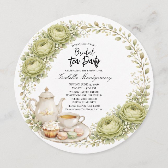 Convite Moss Green Palette Tea Party Bridal Shower (Frente)