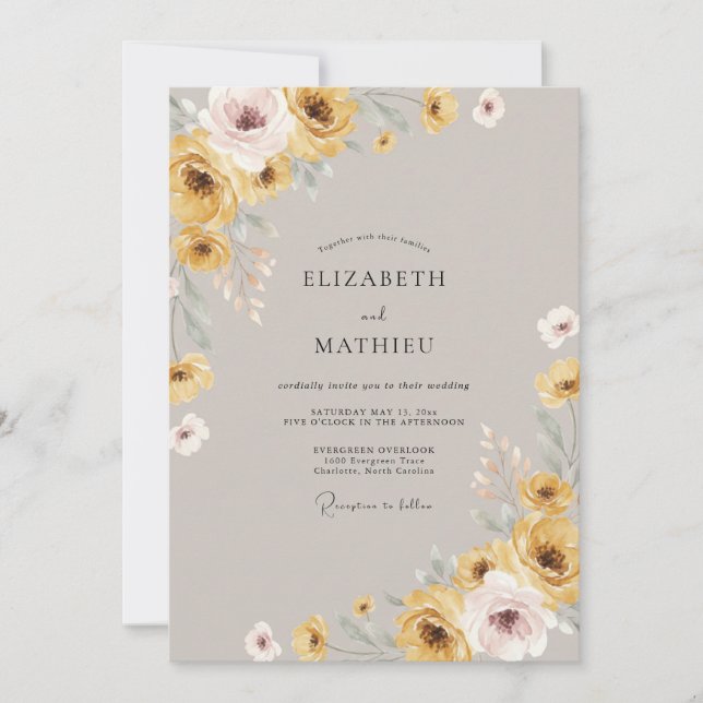 Convite Mostarda Âmbar Ranunculus Eucalipto Casamento (Frente)