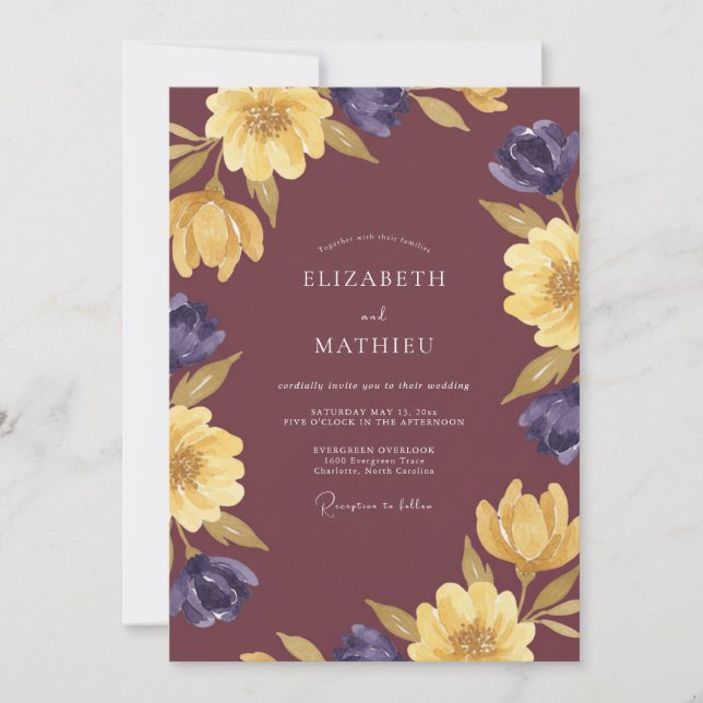 Convite Mostarda Ameixa Ranunculus Sage Casamento (Frente)