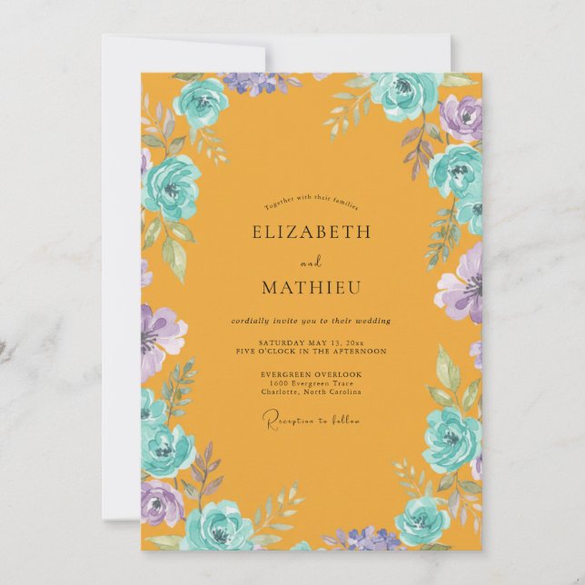 Convite Mostarda Aqua Ranunculus Cinza Eucalipto Casamento (Frente)