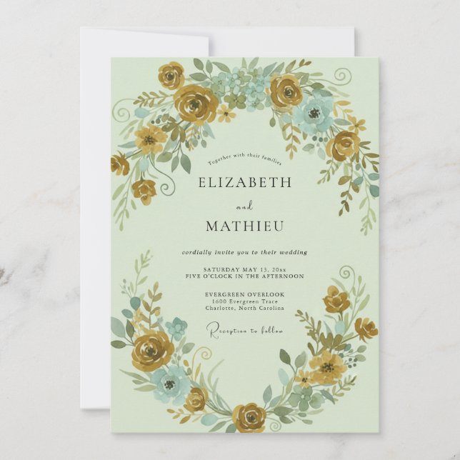 Convite Mostarda Aqua Ranunculus Eucalipto Casamento (Frente)