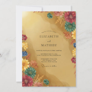 Convite Mostarda Casamento Borgonha Zinnia Eucalipto