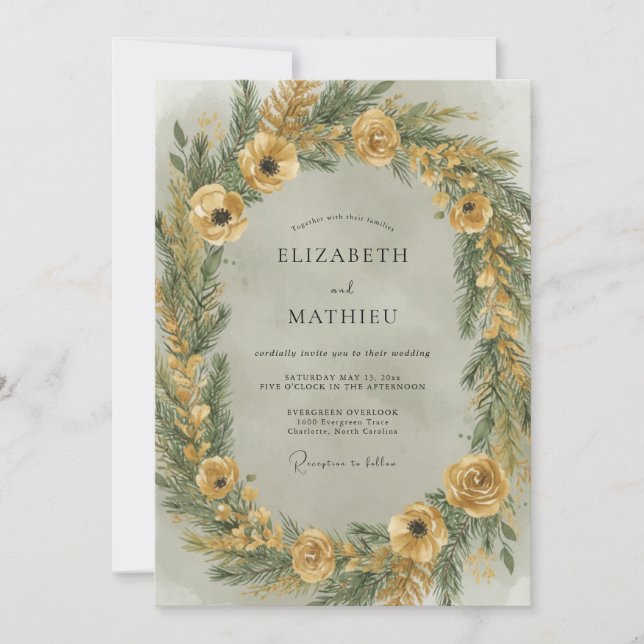 Convite Mostarda Casamento de Inverno Evergreen (Frente)
