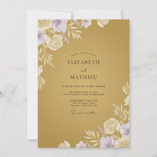 Convite Mostarda Dourado Lilás Folhagem Eucalipto Casament