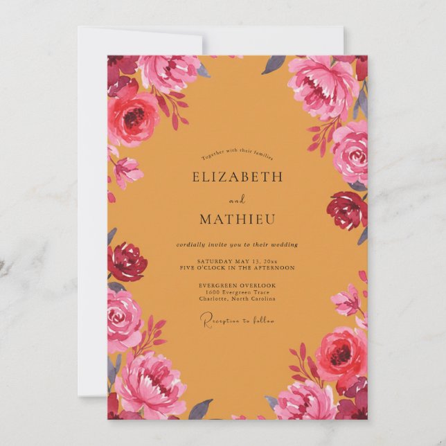 Convite Mostarda Magenta Ranunculus Empoeirado Weddin (Frente)