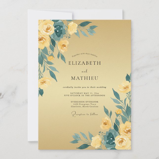 Convite Mostarda Teal Ranunculus Eucalipto Casamento (Frente)