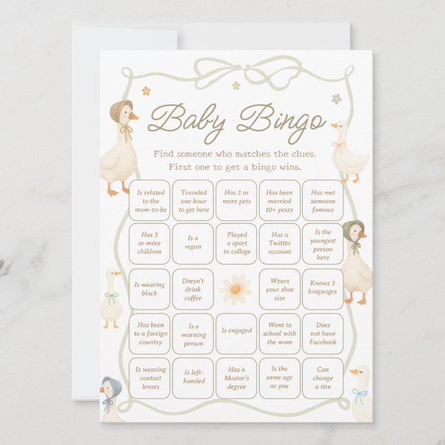 Convite Mother Goose Baby Shower Find the Guest Bingo Game (Frente)
