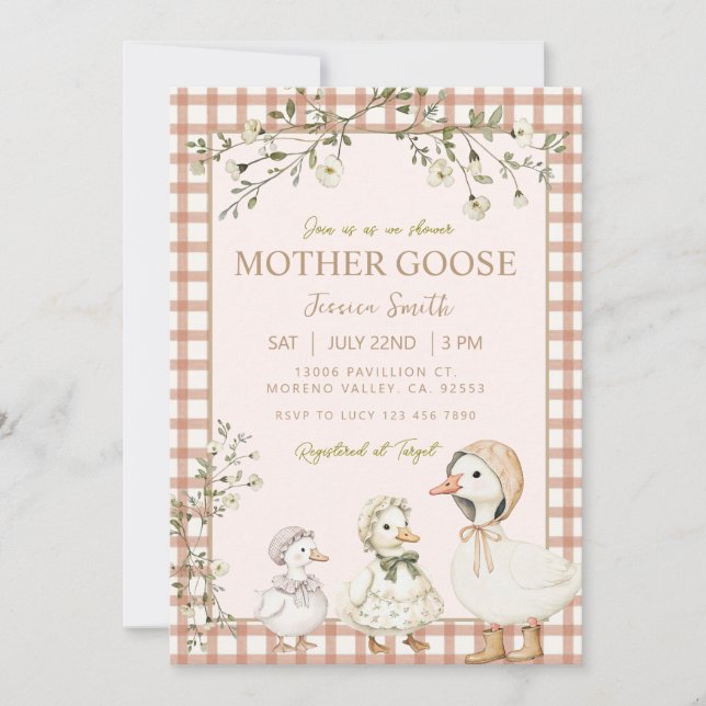Convite Mother Goose Baby Shower Gender Neutral (Frente)