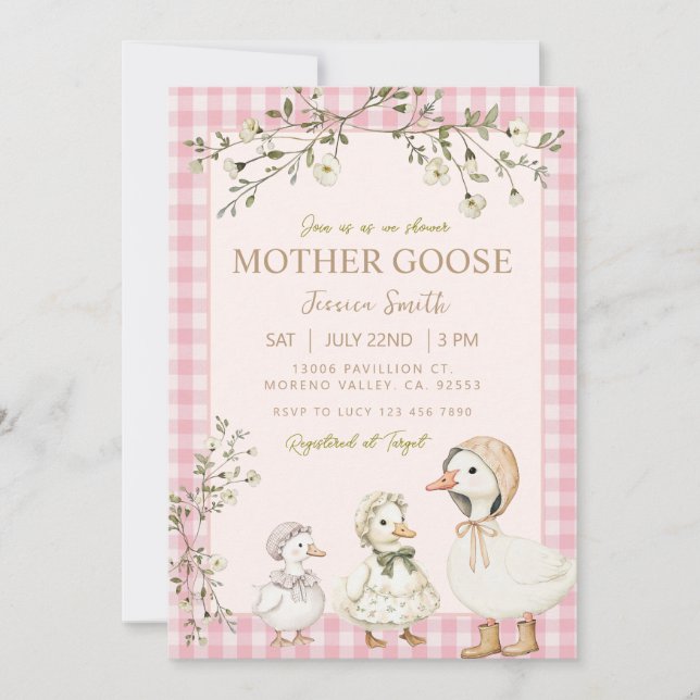 Convite Mother Goose Baby Shower Pink Girl (Frente)