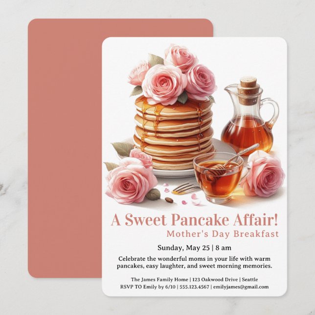 Convite Mother’s Day Breakfast Invitation – Pancakes Roses (Frente/Verso)
