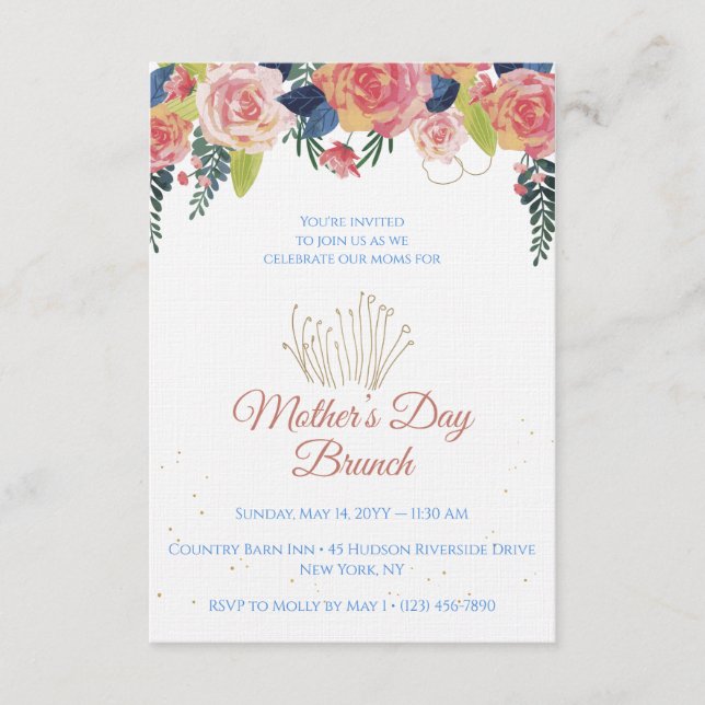 Convite Mother's Day Brunch Floral Navy Blue & Rose Gold (Frente)