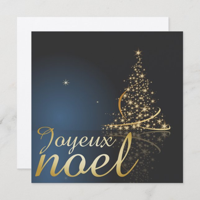 Convite Motif de Noël bleu avec arbre de Noël doré (Frente/Verso)