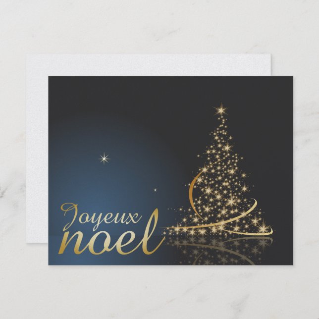 Convite Motif de Noël bleu avec arbre de Noël doré (Frente/Verso)