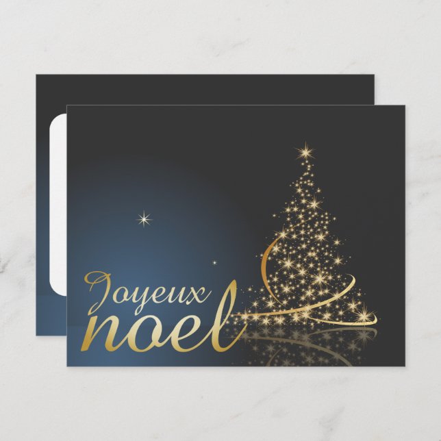 Convite Motif de Noël bleu avec arbre de Noël doré (Frente/Verso)