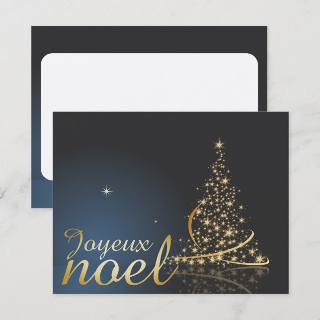Convite Motif de Noël bleu avec arbre de Noël doré (Frente/Verso)