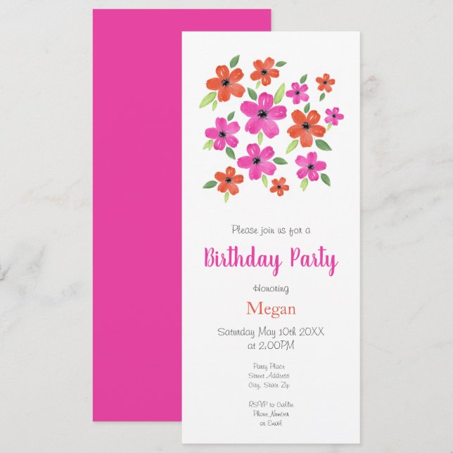 Convite Motif Floral Cor-de-rosa quente e aquarela (Frente/Verso)