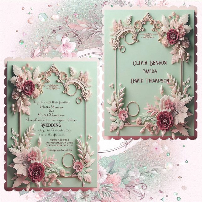 Convite Motifs Florais Rosa de Maroon Elegância Barroca Su (Soft Baroque Elegance Maroon Rose Floral Motifs Invitation)