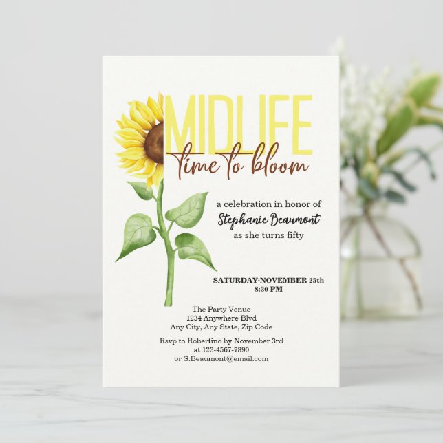 Convite Motivational Midlife Sunflower Bloom 50º Aniversár (Em pé/Frente)
