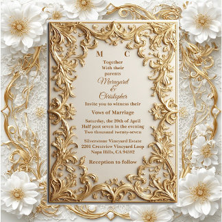 Convite Motivo Floral Ornate Dourado Clássico Tipografia M