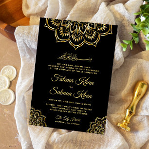Convite Motivo Islâmico Tradicional Preto Dourado Casament