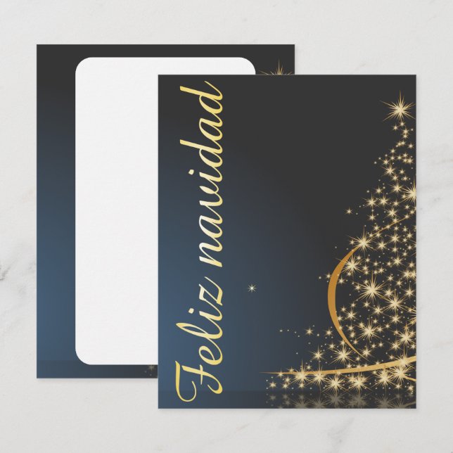 Convite Motivo natalício azul com dourado árvore de natal. (Frente/Verso)