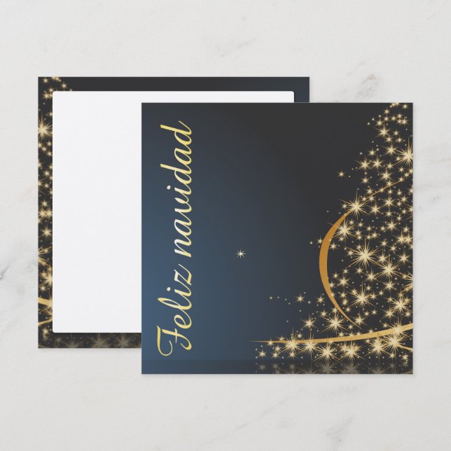 Convite Motivo natalício azul com dourado árvore de natal. (Frente/Verso)
