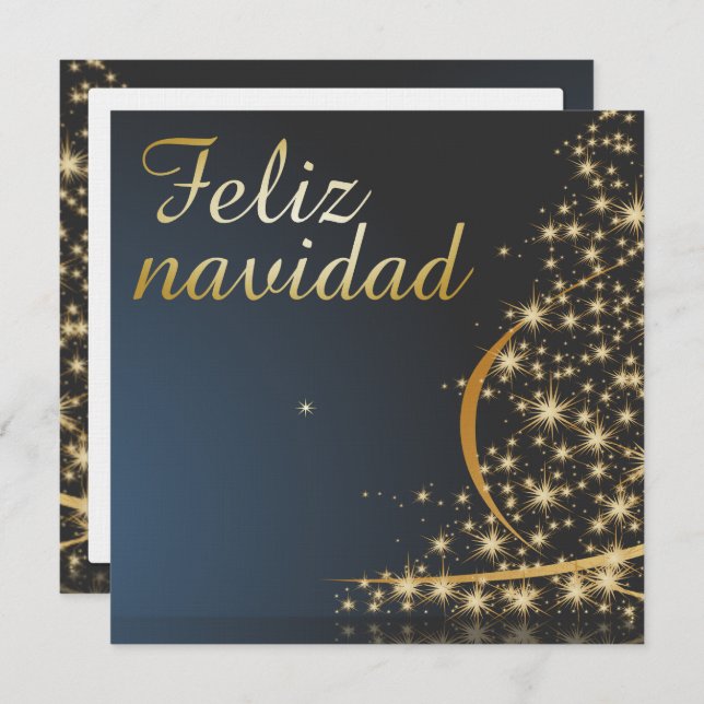Convite Motivo navideño azul con dorado árbol de navidad (Frente/Verso)
