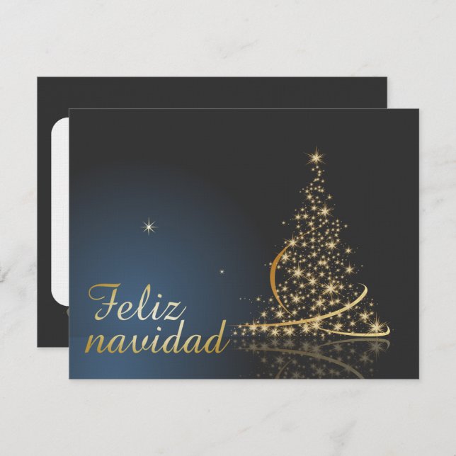 Convite Motivo navideño azul con dorado árbol de navidad (Frente/Verso)