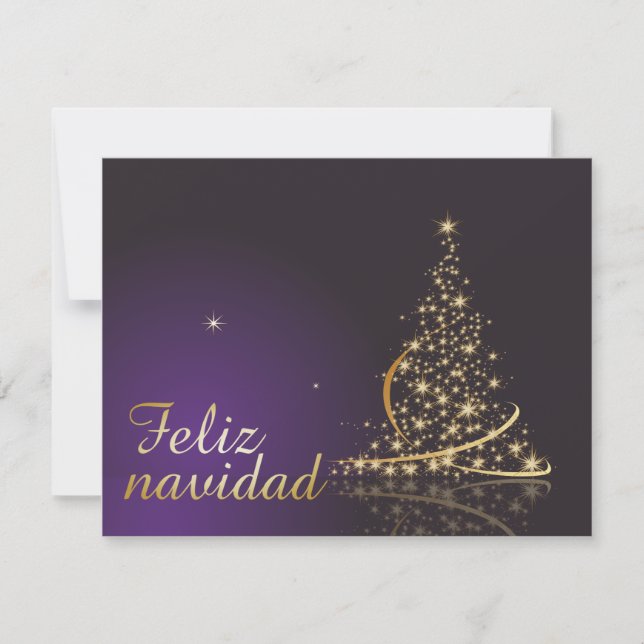 Convite Motivo navideño morado oscuro con dorado árbol (Frente)