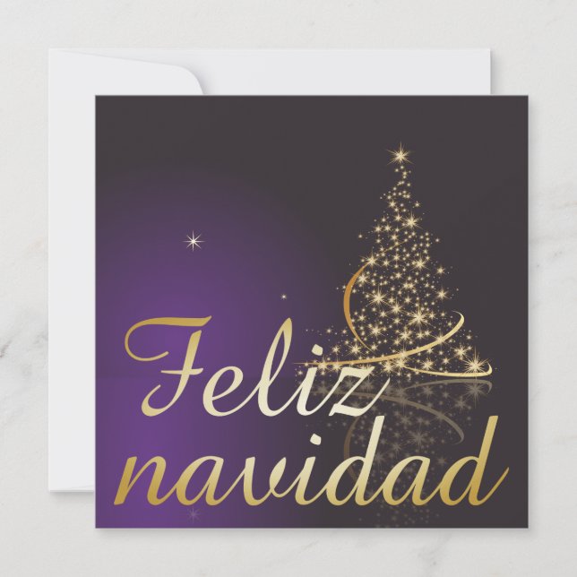 Convite Motivo navideño morado oscuro con dorado árbol (Frente)