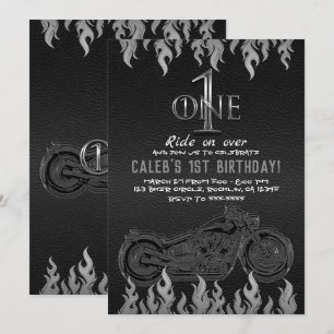 Convite Moto de Couro Preto Prata 1 UM Primeiro Aniversári