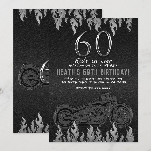 Convite Moto de Couro Preto Prata 60TH 60 Aniversário (Frente/Verso)