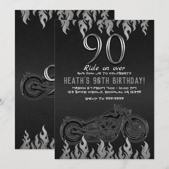 Convite Moto de Couro Preto Prata 90TH Aniversário de 90 A (Frente/Verso)