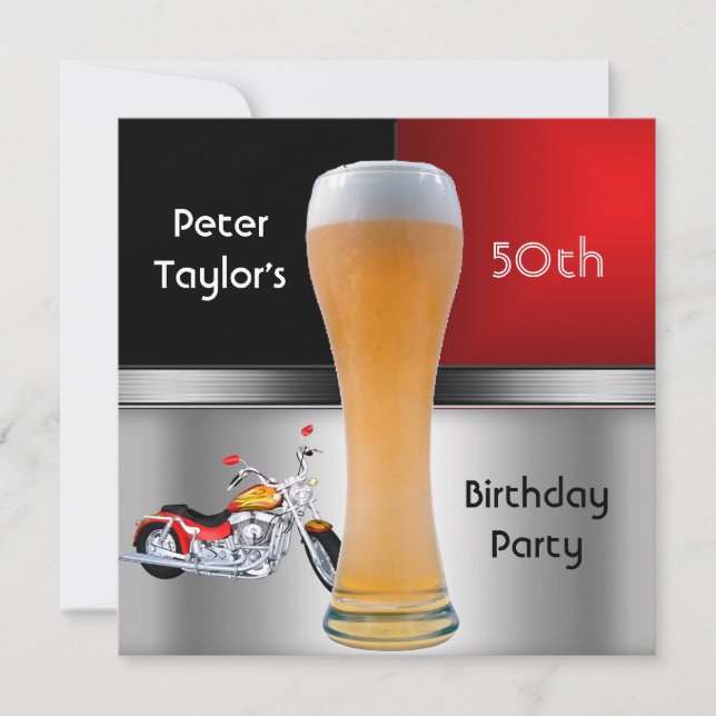 Convite Motobicicleta 70 Festa de aniversário Red Beer (Frente)