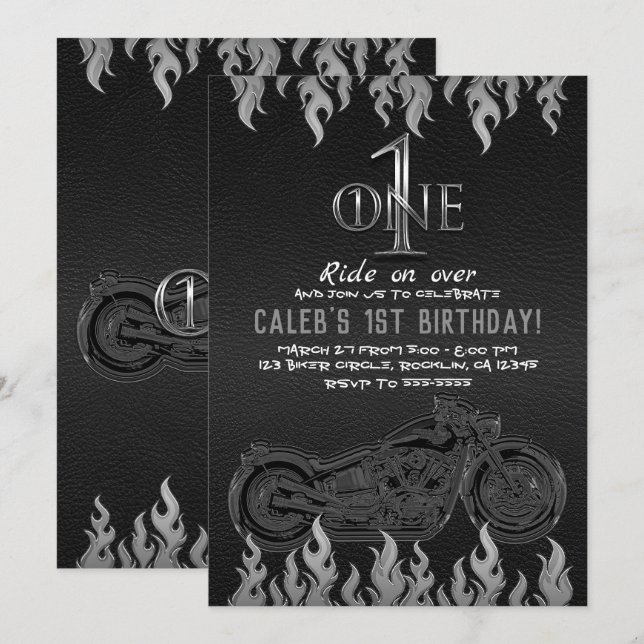Convite Motocicleta 1 ONE de couro preto (Frente/Verso)