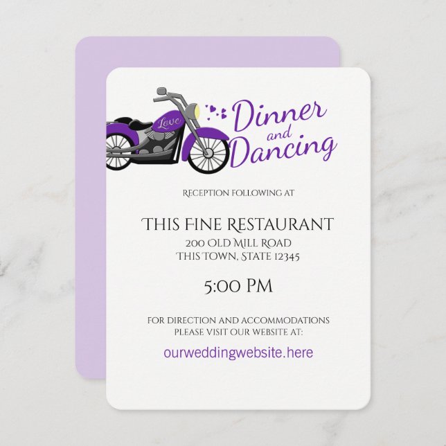 Convite Motociclo roxo e Recepção de casamento de coração (Frente/Verso)