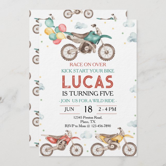 Convite Motorbikes Dirt Bike Birthday Invitation (Frente/Verso)