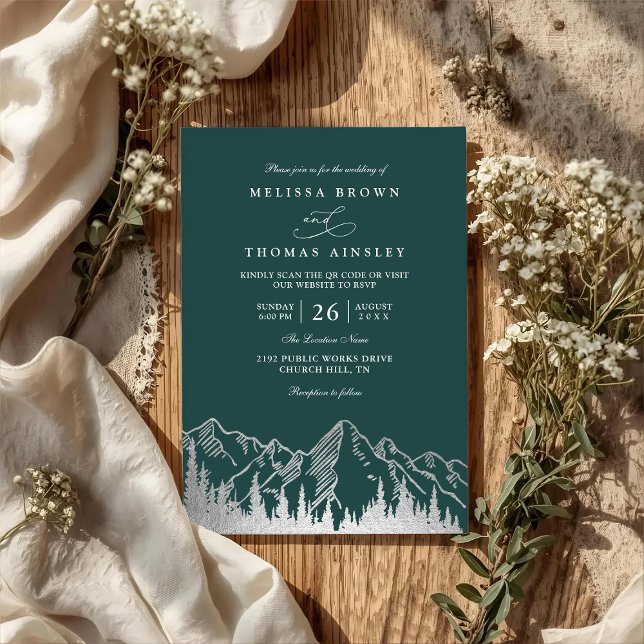 Convite Mountain Forest Trees Pine Rustic QR Code Wedding (Criador carregado)