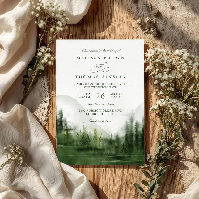 Convite Mountain Forest Trees Rustic QR Code Wedding (Criador carregado)